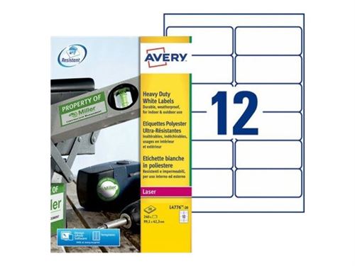  Avery Heavy Duty Laser Labels - Polyester - blanc - 99.1 x 42.3 mm 240 &eacute;tiquette(s) (20 feuille(s) x 12 &eacute;tiquettes 