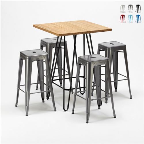 AHD Amazing Home Design - Ensemble de table haute et 4 tabourets en métal style Tolix Brooklyn pour Bars et Pubs, Couleur: Gris