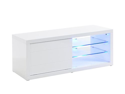 Meuble TV AMALRIC - MDF laqué blanc - LEDs - 1 porte coulissante