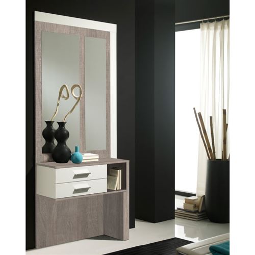 Meuble d'entrée Blanc/Chêne clair + miroirs - MOKENE