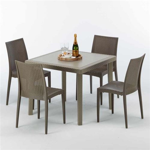 Table carrée beige + 4 chaises colorées Poly rotin synthétique ELEGANCE, Chaises Modèle: Bistrot Marron Moka