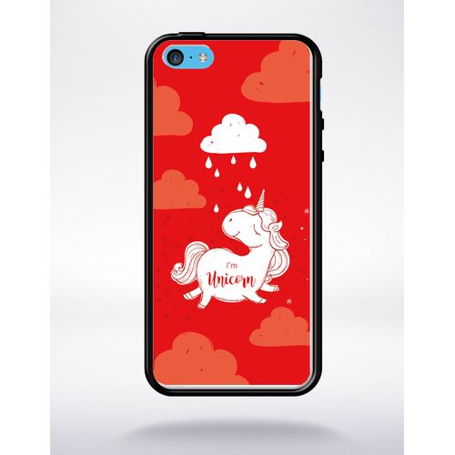 Coque Unicorne Nuage Fond Rouge Compatible Apple Iphone 5c Bord Noir Silicone