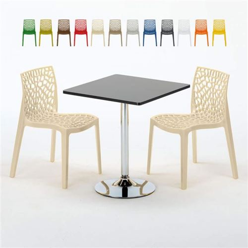 Table Carrée Noire 70x70cm Avec 2 Chaises Colorées Grand Soleil Set Intérieur Bar Café Gruvyer Mojito, Couleur: Beige