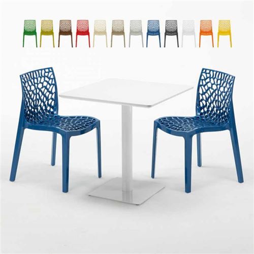 Table carrée 70x70 blanche avec 2 chaises colorées Gruvyer Meringue, Couleur: Bleu