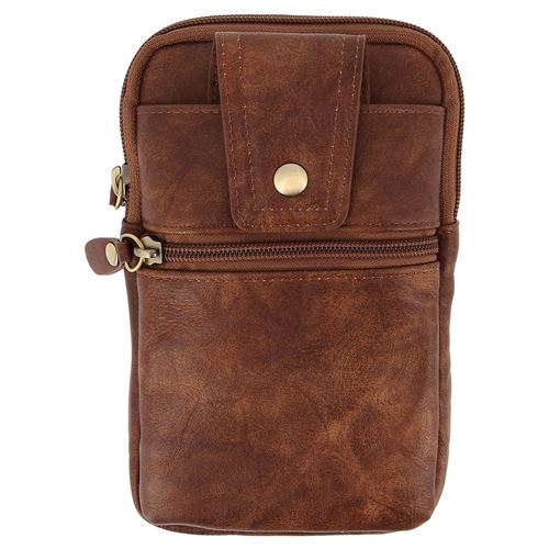 Avizar Sacoche ceinture smartphone étui zippé aspect cuir + mousqueton - marron foncé