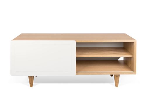 Meuble TV plaqué chêne et porte coulissante blanc mat L 120 cm NYLA