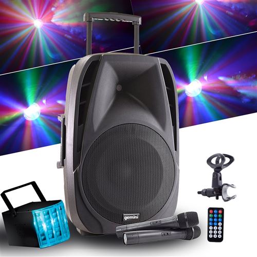 Enceinte Active Autonome Gemini Es15-Togo 15" - 800W - Usb/Sd/Bt + 2 Micros Sans Fil + Tel + Jeu De Lumière Derby Led Rvb