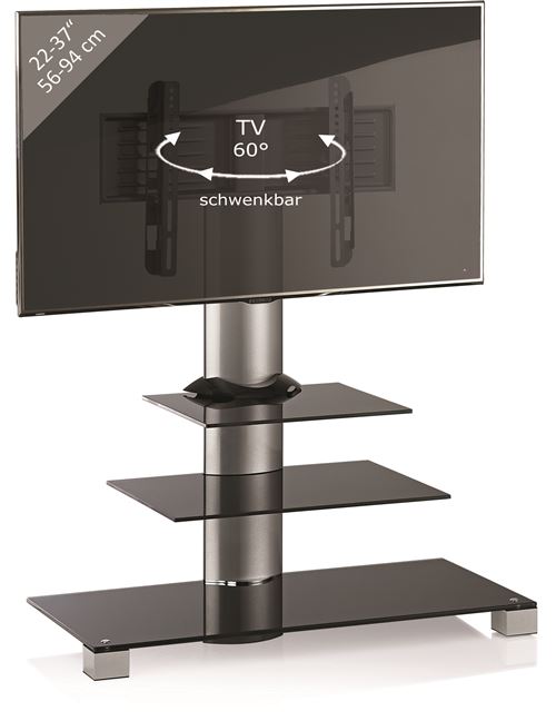 Vcm 17015 amalo meuble tv avec 2 étagères roulettes incluses aluminium/verre noir argent