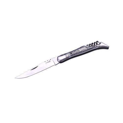 Couteau pliant avec tire-bouchon - Manche en métal décor vénitien - Lame acier inoxydable - Coffret cadeau