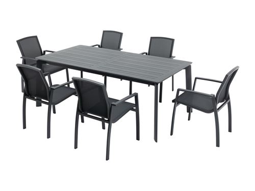 Salle à manger de jardin en aluminium et textilène : une table extensible L.200 / 300 cm et 6 fauteuils empilables - Anthracite - MILLAU de MYLIA