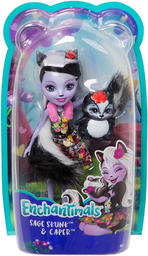 Coffret enchantimals poupee caper + sage skunk la moufette - figurine 15cm avec animal - mini-poupee