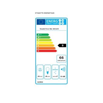 Hotte Encastrable FALMEC GRUPMU3320 70 cm, commandes tactiles , finition Noir Brillant, 4 vitesses, Debit booster = 670m3/h, Puissance acoustique max = 61dB. Eclairage LED reglable en temperature. Classe energetique : B