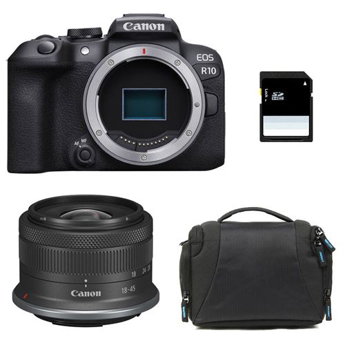 Canon appareil photo hybride eos r10 + rf-s 18-45mm f4.5-6.3 is stm + sac + carte sd 8 go
