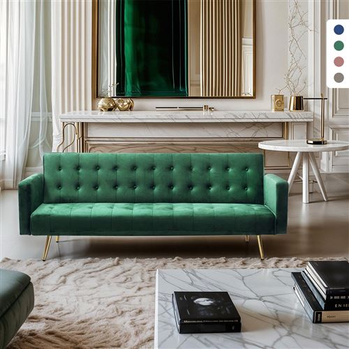 Canapé-lit 3 places clic clac moderne en velours avec pieds dorés Caullae, Couleur: Vert foncé