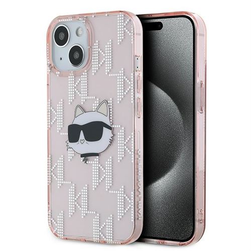 Coque pour iPhone 15 / iPhone 14 / iPhone 13 - Karl Lagerfeld IML Luxury (KLHCCHCP14SHKLLPCHP) - Tête de Choupette rose et monogramme