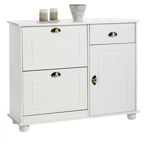 Meuble à chaussures COLMAR armoire rangement avec 2 abattants 1 tiroir et 1 porte avec 1 étagère, en pin massif lasuré blanc