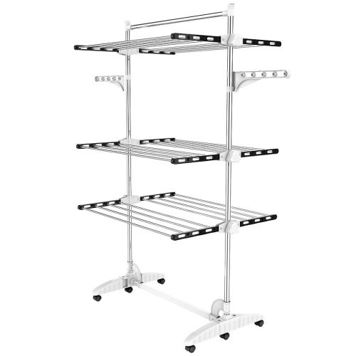 Todeco - Etendoir à Linge, Etendage à Linge, 3 étagères, Noir/Blanc, avec ailes et barre supérieure, Matériau: Tubes en acier inoxydable