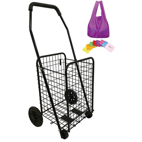 Chariot de courses en métal 4 roues - Pliable - Capacité 43L - Noir - couleuretnombrederoues : Noir - 4 roues