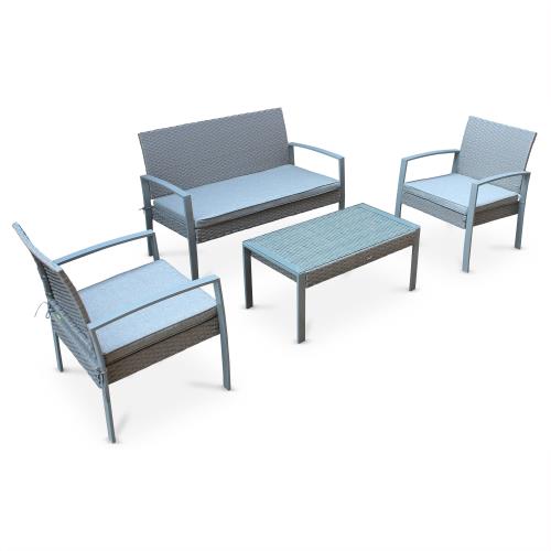 Salon de jardin en résine tressée - Vicenzo - Gris clair Coussins gris - 4 places - 1 canapé 2 fauteuils une table basse
