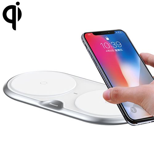 (#19) Baseus Zinc Alloy 10W Max Fast Charging Pad Dual Wireless Charger with QC 3.0 Power Adapter, UK Plug, For iPhone, Galaxy, Huawei, Xiaomi, LG, HTC and Other Smart Phones(Silver/UK Plug)