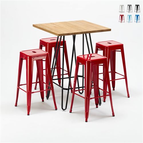 AHD Amazing Home Design - Ensemble de table haute et 4 tabourets en métal style Tolix Brooklyn pour Bars et Pubs, Couleur: Rouge