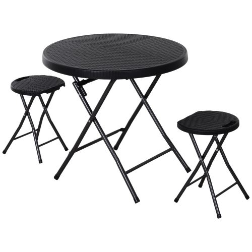 Ensemble de jardin pliable 2 pers. 3 pièces ensemble bistro style contemporain 2 tabourets + table ronde Ø 80 cm métal HDPE imitation rotin noir