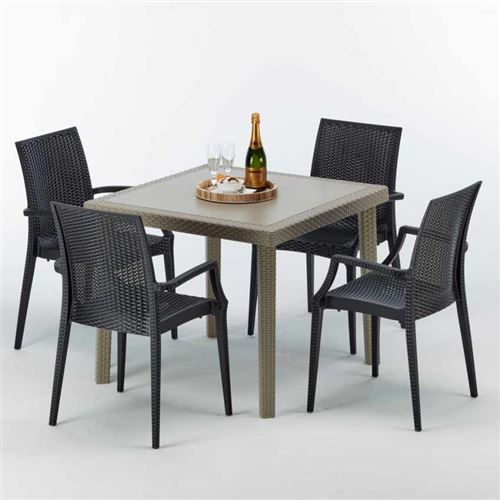 Table carrée beige + 4 chaises colorées Poly rotin synthétique ELEGANCE, Chaises Modèle: Bistrot Arm Anthracite noir
