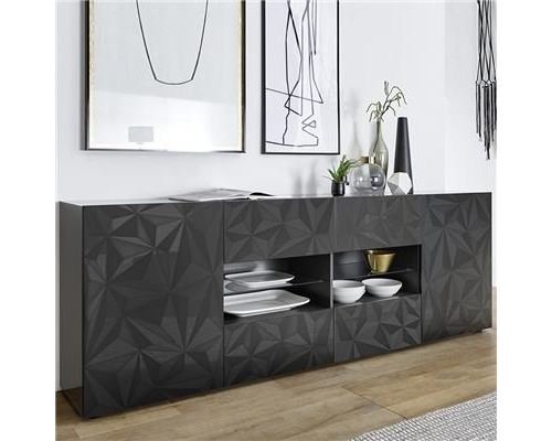 Enfilade design gris laqué 2 portes 4 tiroirs PAOLO 3 - L 241 x P 42 x H 84 cm
