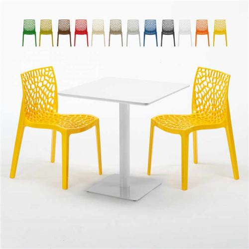 Table carrée 70x70 blanche avec 2 chaises colorées Gruvyer Meringue, Couleur: Jaune