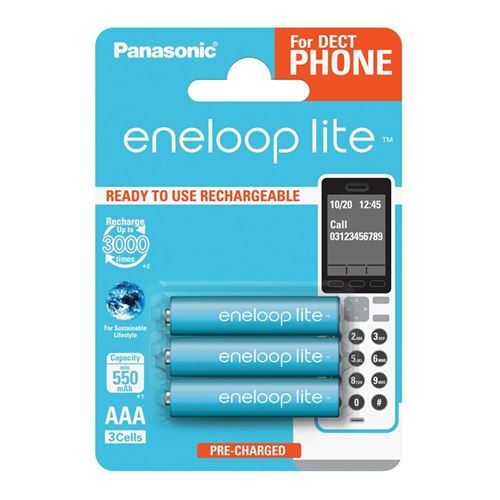 Panasonic de Eneloop BK bk-4lcce/3de Lite Ready To Use Ni-MH AAA Micro, Lot de 3, 550 mAh, Batterie, 3000 Cycles Bleu clair