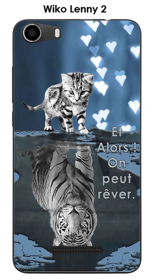 Coque TPU gel souple Wiko Lenny 2 design Chat Tigre Blanc fond bleu noir Et Alors !