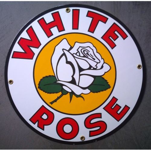 plaque emaillée white rose gasoline fleur ronde deco garage tole email pub metal