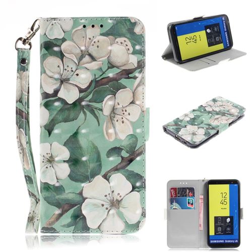 Etui en PU décoration spot lumineux de motif fleurs blanches et feuilles vertes pour votre Samsung Galaxy J6 (2018)