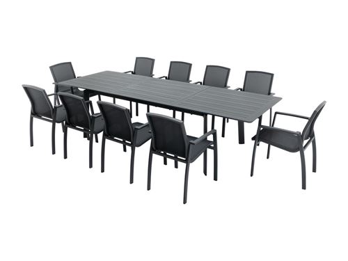 Salle à manger de jardin en aluminium et textilène : une table extensible L.200 / 300 cm et 10 fauteuils empilables - Anthracite - MILLAU de MYLIA