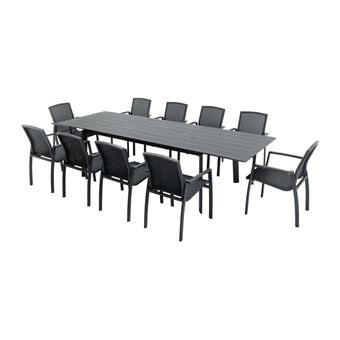 Salle à manger de jardin en aluminium et textilène : une table extensible L.200 / 300 cm et 10 fauteuils empilables - Anthracite - MILLAU de MYLIA - 1
