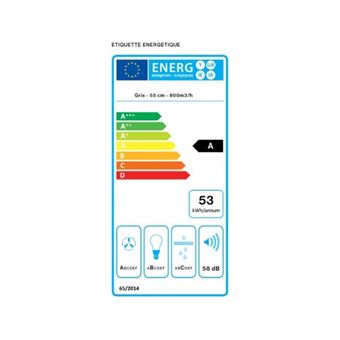 Hotte murale FALMEC VERSO1240, 55cm, commandes tactiles , finition Grise, moteur 4 vitesses, Debit boost = 750m3/h, Puissance acoustique max = 58dB. Eclairage LED. Classe energetique : A