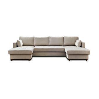Canapé Panoramique Convertible 7 Places En U - Bestmobilier Nicole - Tissu Beige, Coffre Rangement, Dossier Rabattable