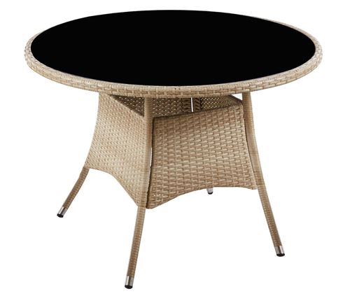 Table de jardin ronde en bois de rotin et verre trempé noir, pieds en métal - diamètre 105 x hauteur 73 cm - PEGANE -