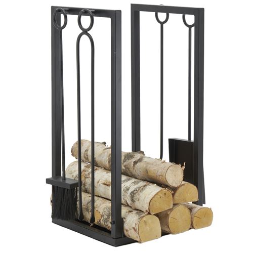 Aubry Gaspard - Porte-bûches + 4 accessoires de cheminée en métal noir