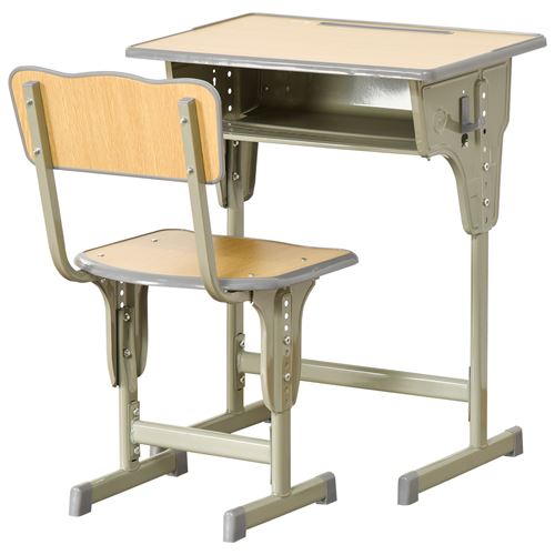 HOMCOM Bureau enfant Vintage style pupitre d'écolier - ensemble bureau et chaise réglable - case de rangement, bracket, range-stylos - acier kaki MDF aspect bois clair