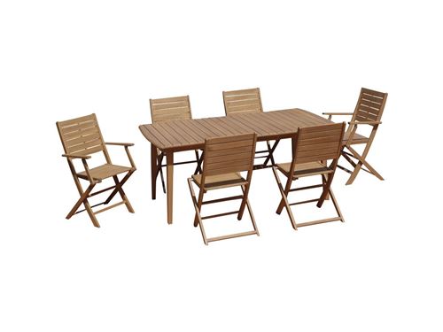 Salle à manger de jardin pliante en acacia: une table extensible L180/240cm + 2 fauteuils + 4 chaises - Rallonge papillon - NEMBY de MYLIA
