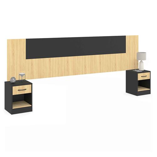 Tête de lit sur pied bois et noir avec chevets modulables