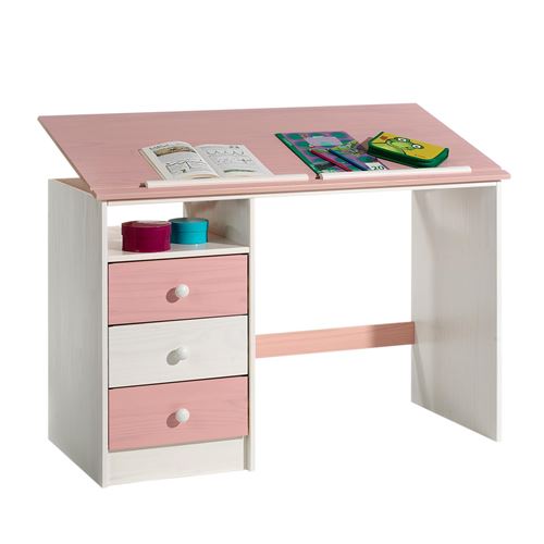 Bureau enfant KEVIN, en pin massif, 3 tiroirs et plateau inclinable, lasuré blanc et rose