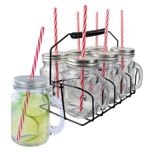 Set 6 Bocal Verre Jar Smoothie + Bouchon Paille Et Support Chope Deco