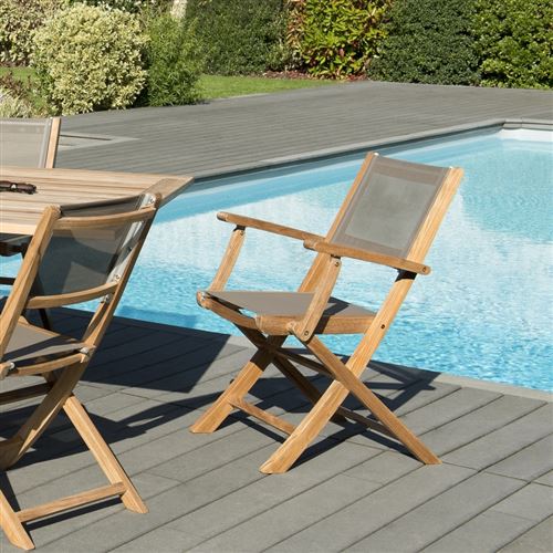Lot de 2 fauteuils pliants textilène couleur taupe en bois teck grade A