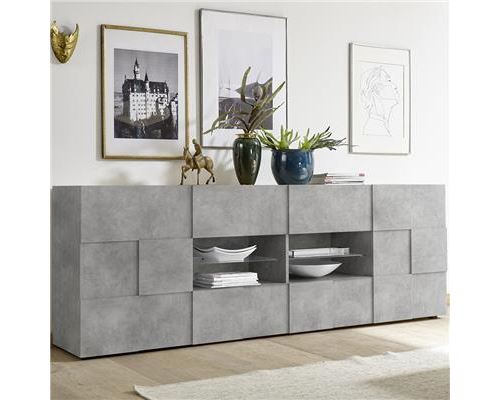 Enfilade 2 portes et 4 tiroirs couleur béton SANDREA 4 - L 241 x P 42 x H 84 cm