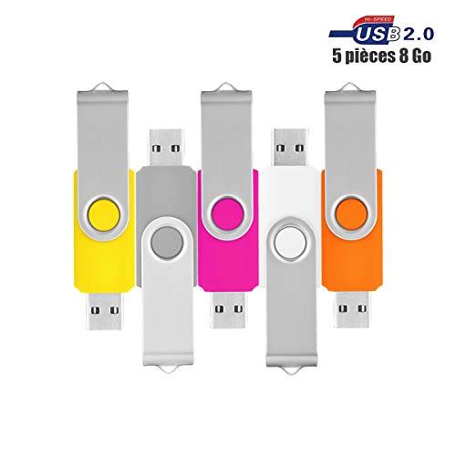 VIEKUU Clef USB 2.0 8 GO Lot de 5 Pièces pour Ordrdinateur, Lecteur, Télévision, Automobile,etc (Rose, Orange,Jaune,Gris,Blanc)