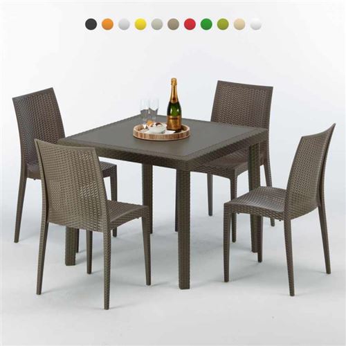 Grand Soleil - Table carrée et 4 chaises colorées Poly-rotin résine 90x90 marron, Chaises Modèle: Bistrot Marron Moka