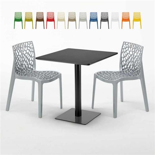 Table carrée noire 70x70 avec 2 chaises colorées Gruvyer Kiwi, Couleur: Gris