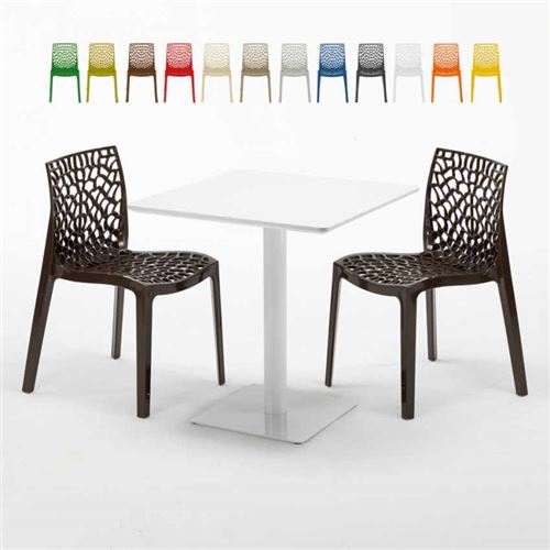 Table carrée 70x70 blanche avec 2 chaises colorées Gruvyer Meringue, Couleur: Marron
